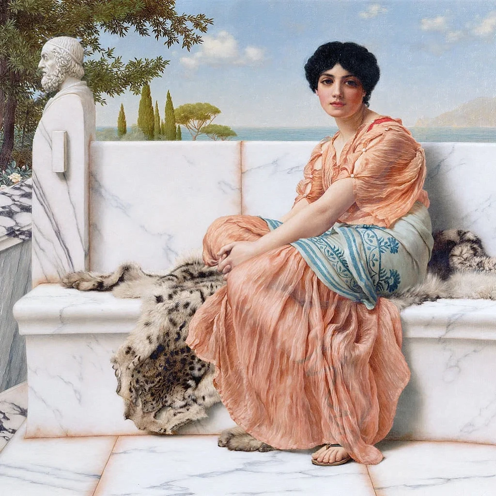 Sappho of Lesbos (c. 630-570 BCE). Painting by John William Godward (1904). Through her poetry which included love between women, she gave the term "lesbian" its modern meaning.