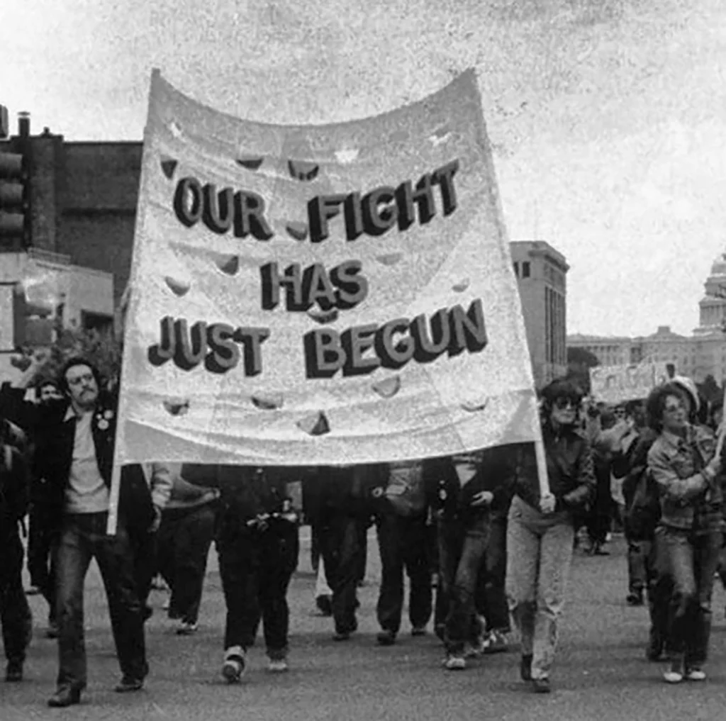 Members of the Mattachine Society and the Daughters of Bilitis at the National March on Washington for Lesbian and Gay Rights in Washington, D.C. on October 14, 1979. Credit: ONE Archives at USC Libraries