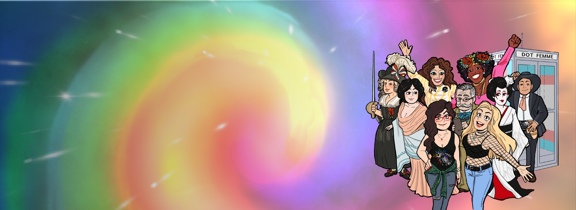 Illustration of Dot Femme hosts Dany Gonzalez and Claire Michelle with various figures from across queer history. Art by Cait Pratt.